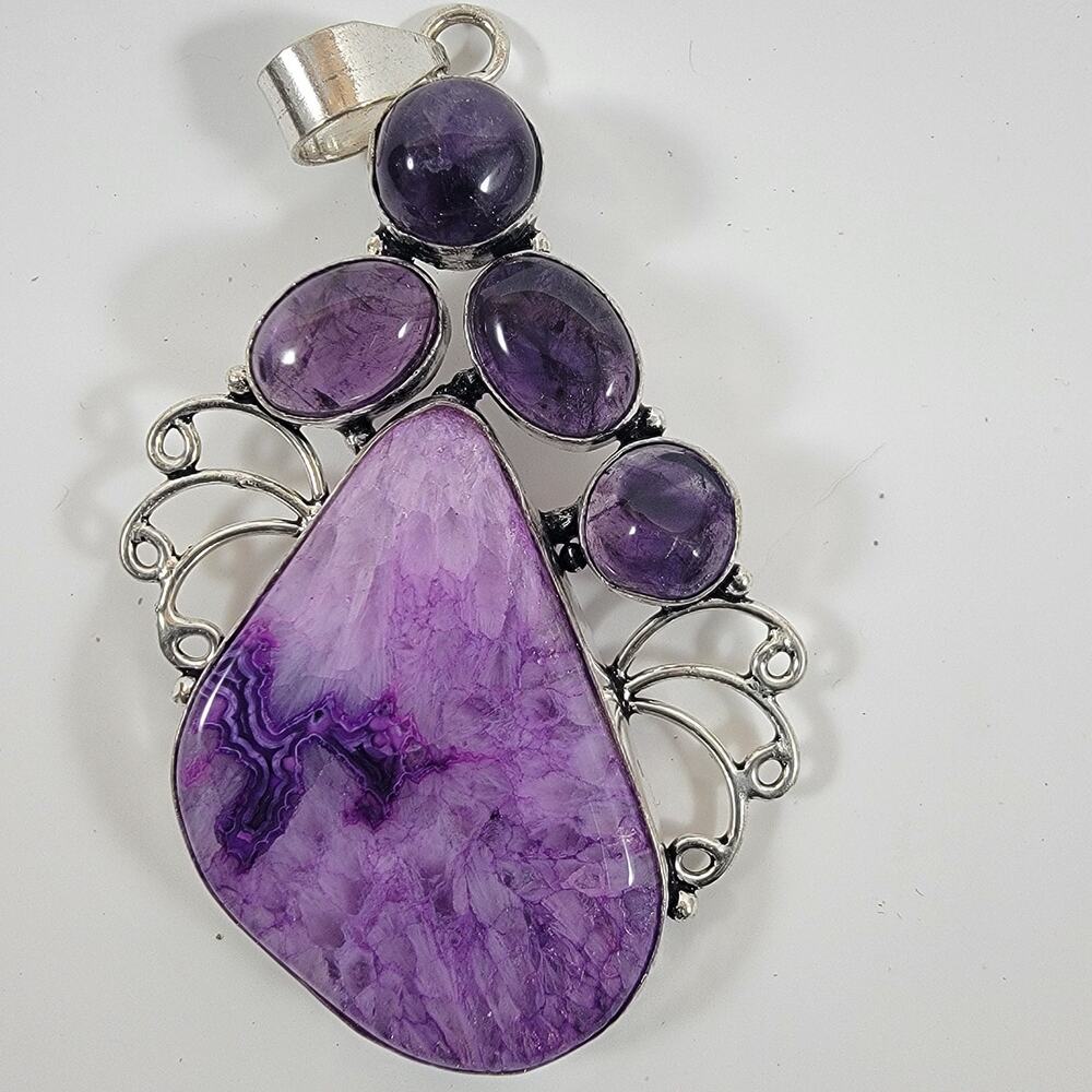 Charoite Pendant Necklace – With Purple Amethyst Accent + 20" Silver Chain